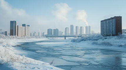 Arctic cityscape with frozen rivers and modern buildings