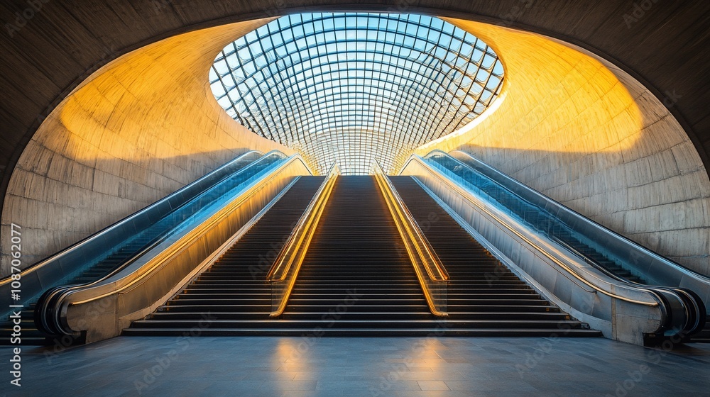 Poster modern architecture with two escalators leading up to a circular skylight.