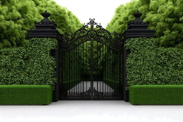 Gothic black wrought iron ornate imposing security gates to a landscaped park.
