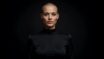 Fototapeta premium Confident woman with shaved head in black on dark background.