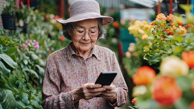A grandma sharing gardening tips on her social media account, standing proudly in her flourishing garden with a smartphone in hand.