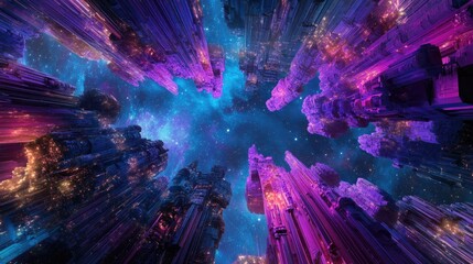 Fototapeta premium Abstract cosmic cityscape with vibrant purple and blue skyscrapers reaching into a starry sky, viewed from a low angle.