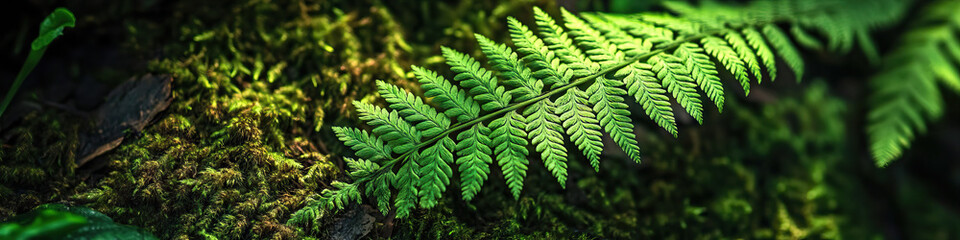 Undergrowth: A close-up shot of a vibrant green fern frond, its delicate veins contrasting against a mossy forest floor.