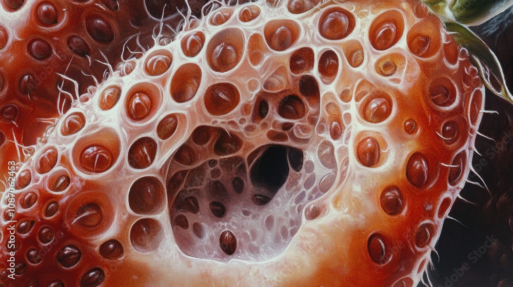 Poster close-up macro shot revealing the intricate texture and detail of a strawberry's surface, showcasing