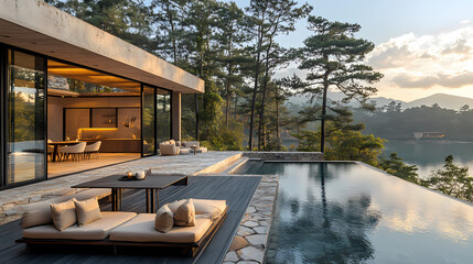 Obraz premium Editorial photography of a modern outdoor dining table on a black wood terrace overlooking a varas lake and pine trees.