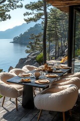 Editorial photography of a modern outdoor dining table on a black wood terrace overlooking a  varas lake and pine trees.