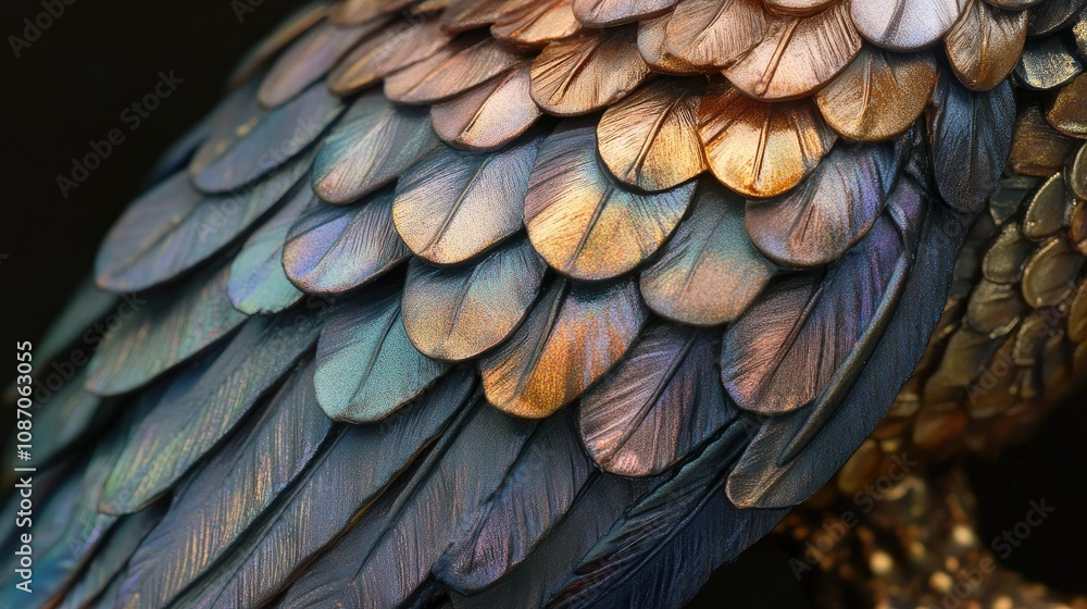 Poster close-up of iridescent metallic bird feathers, showing intricate detail and texture.