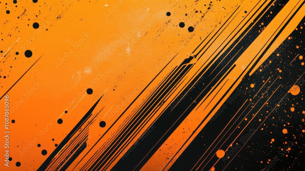 Poster abstract orange and black grunge background with diagonal lines and splatters.