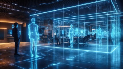 Obraz premium Futuristic businessman observing holographic colleagues in a modern office.