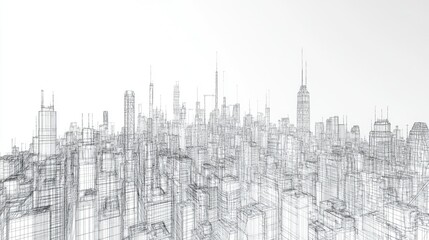Wireframe rendering of a futuristic city skyline.