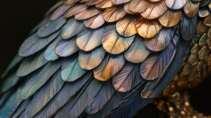 Fototapeta premium Close-up of iridescent metallic bird feathers, showing intricate detail and texture.