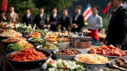Obraz premium A feast of Korean traditional food with people in the background.