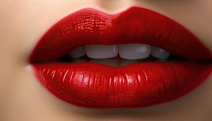 Obraz premium Extreme close-up of the red lips of a beautiful young woman.