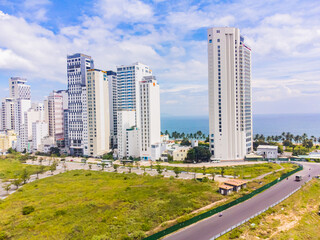 A resort town in Vietnam.

A city by the sea, one of the most popular resorts in Vietnam. Shooting from a drone.