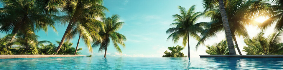 Fototapeta premium Tropical Oasis: Lush palm trees swaying in the breeze, framing a pristine turquoise pool with a sloped entry perfect for lounging.