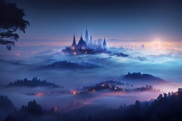 Naklejka premium A serene landscape with soft fog enveloping a city, creating a mystical twilight scene filled with glowing lights.