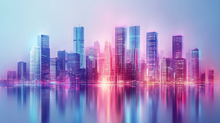 Fototapeta premium Sunset or sunrise Modern city skyscrapers panorama of tall buildings, urban background. Pop art retro vector illustration comic style vintage A city skyline at sunset with a neon glow. The city is li 