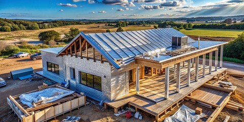 Fototapeta premium Under Construction House with Aluminum Foil Roof: A Climate Change Response to Global Warming and High Temperature Crisis in Modern Architecture