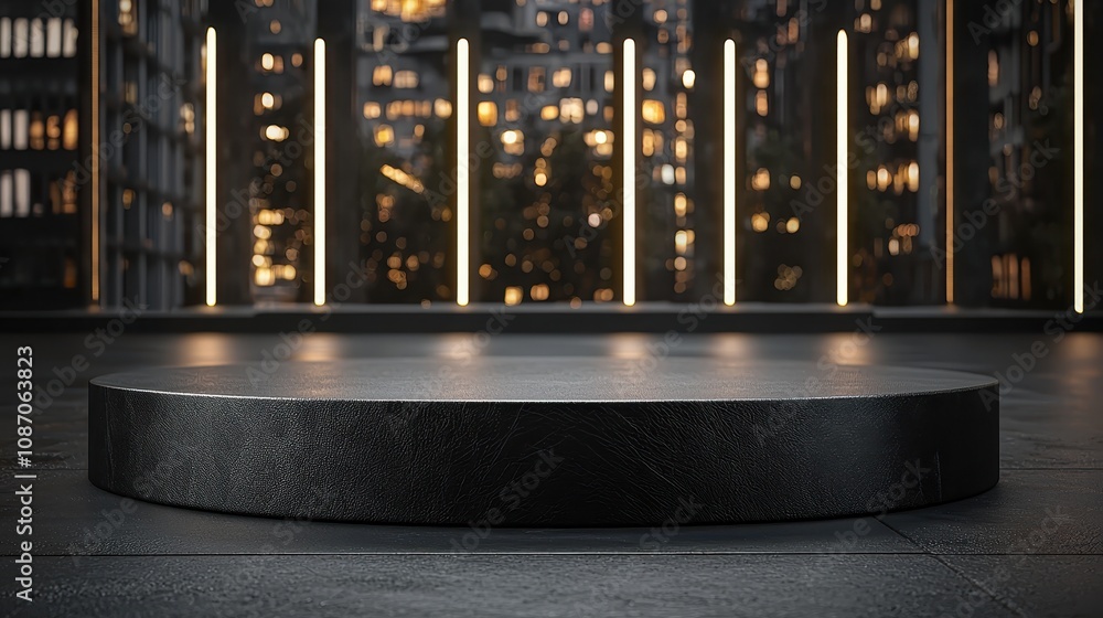 Poster modern round stage in urban setting with soft ambient lighting and cityscape view in the background 