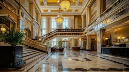 Obraz premium Grand hotel lobby with marble floors, staircase, and chandeliers.
