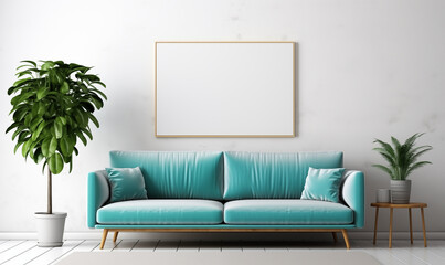Teal Velvet Sofa Minimalist Living Room Mockup Poster
