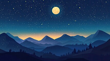 Bright full moon and twinkling stars in the night sky over mountains