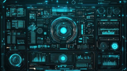 Fototapeta premium Futuristic HUD interface with glowing blue digital elements, data graphs, and central control panel.