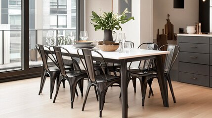 Fototapeta premium Modern Dining Room Interior with Black Metal Chairs and White Table