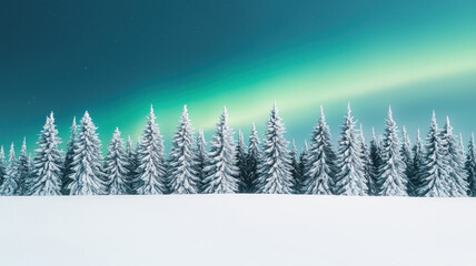 Obraz premium Majestic snow covered trees under vibrant aurora borealis sky create serene winter landscape. glowing colors enhance tranquil atmosphere of this snowy scene