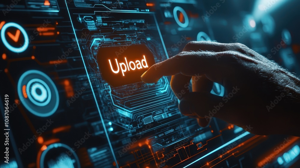 Poster futuristic interface with hand pressing upload button in digital technology background, representing