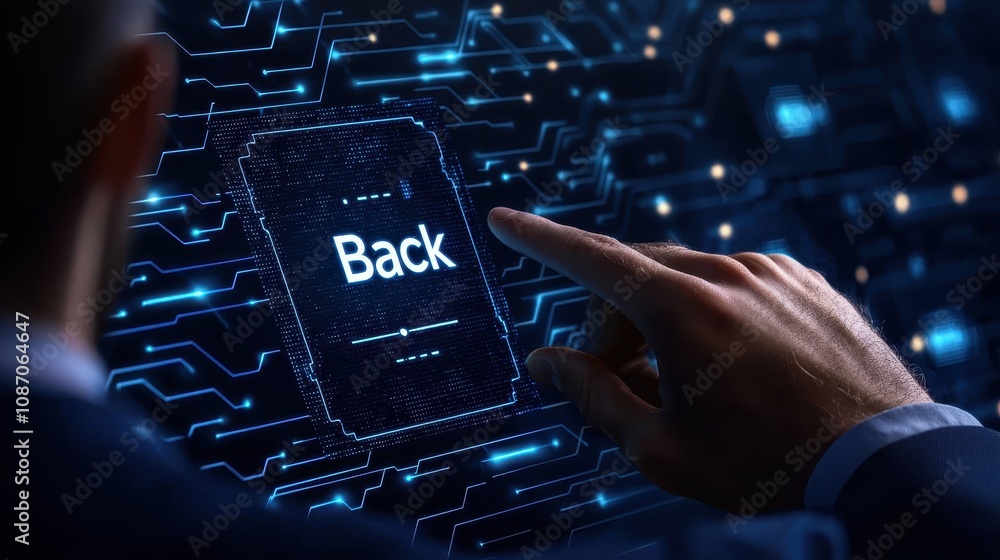 Poster business professional interacting with digital interface displaying 'back' option in futuristic tech