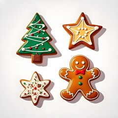 Tree, Character and Star Motif Christmas Cookies, Christmas, White Background, New Year, Ai Generative, Animation, 2D
