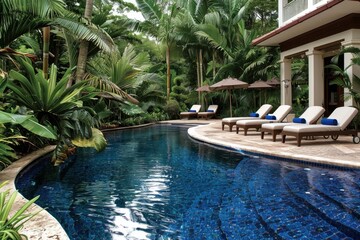 Obraz premium Luxury Pool Surrounded by Tropical Plants, Trees, and Lounge Chairs for Relaxation.