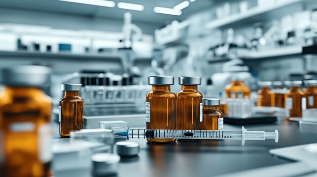 Laboratory setting with focus on multiple vials filled with liquid, a syringe in the foreground, and blurred laboratory equipment in the background, indicating a medical or research environment.