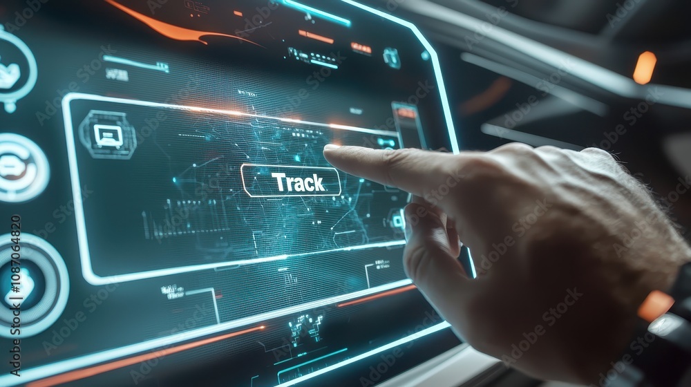 Poster Futuristic Dashboard Display with Touchscreen Controls for Navigation and Tracking in a High-Tech Vehicle Interior