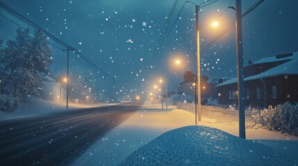 Brightly lit Arctic city streets with snow falling gently