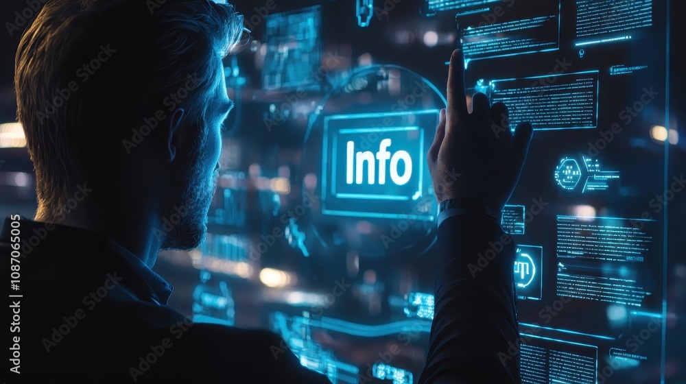 Poster futuristic technology interface with male user interacting digital display for information access an