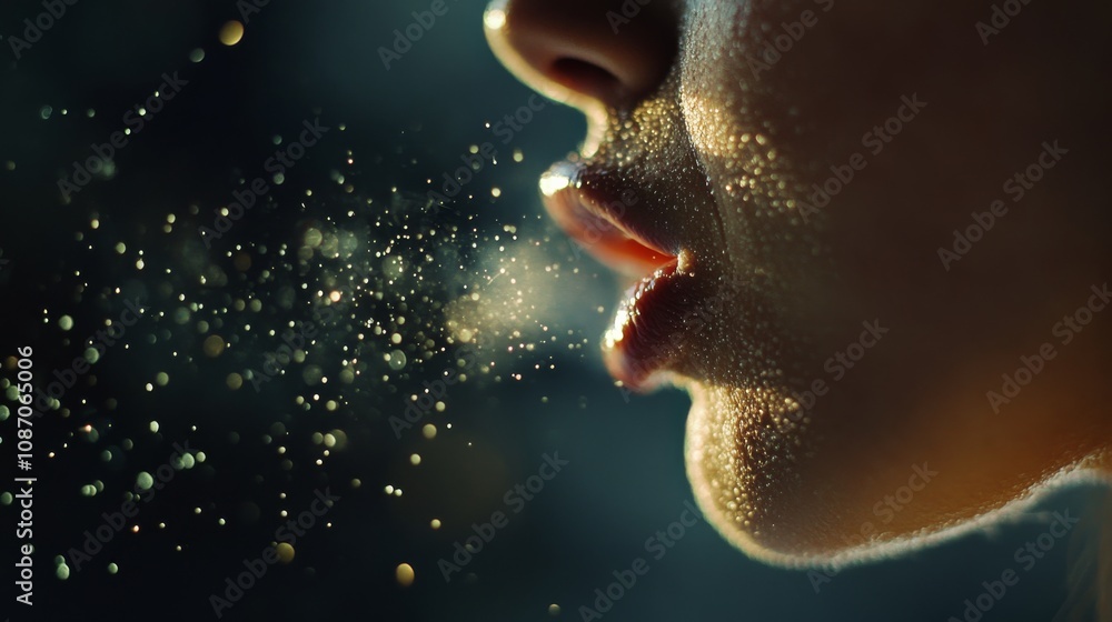 Poster a close-up of a person's lips releasing a fine mist or particles, creating a soft, ethereal effect a