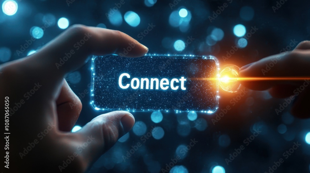 Poster hands reaching for a digital connect button amidst a dazzling background of blurred lights and glowi