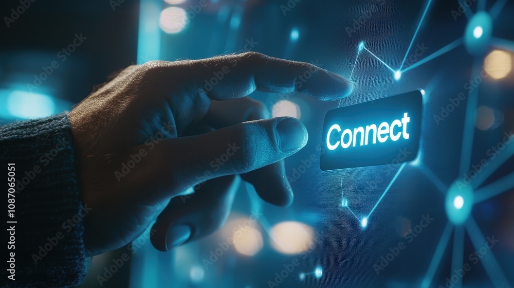 Poster close-up of a hand pressing a digital connect button on a futuristic touchscreen interface surrounde
