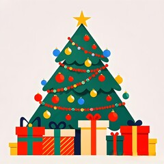 Christmas Tree and Gift Box Underneath, Christmas, White Background, New Year, Ai Generative, Animation, 2D