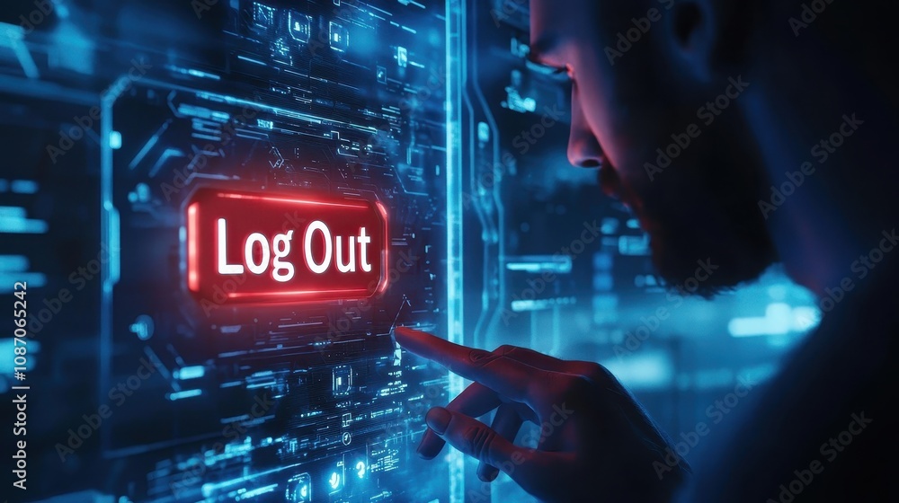 Poster futuristic user interface concept featuring a guy pointing at a bright red log out button with digit