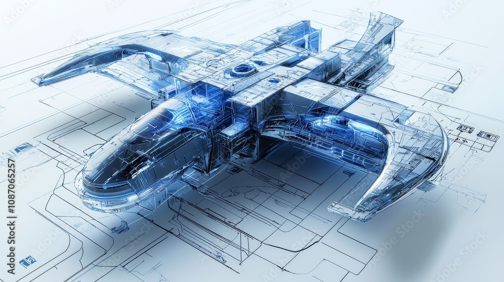 Poster a futuristic spacecraft design rendered in blue, featuring intricate details and blueprints in the b