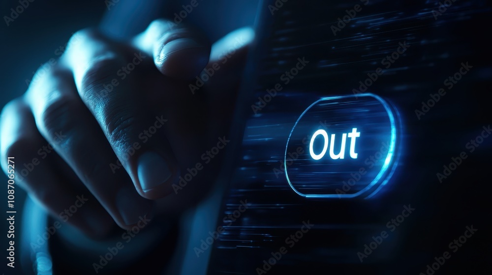 Poster hand reaching towards touch screen button with out sign illuminated in dark environment representing