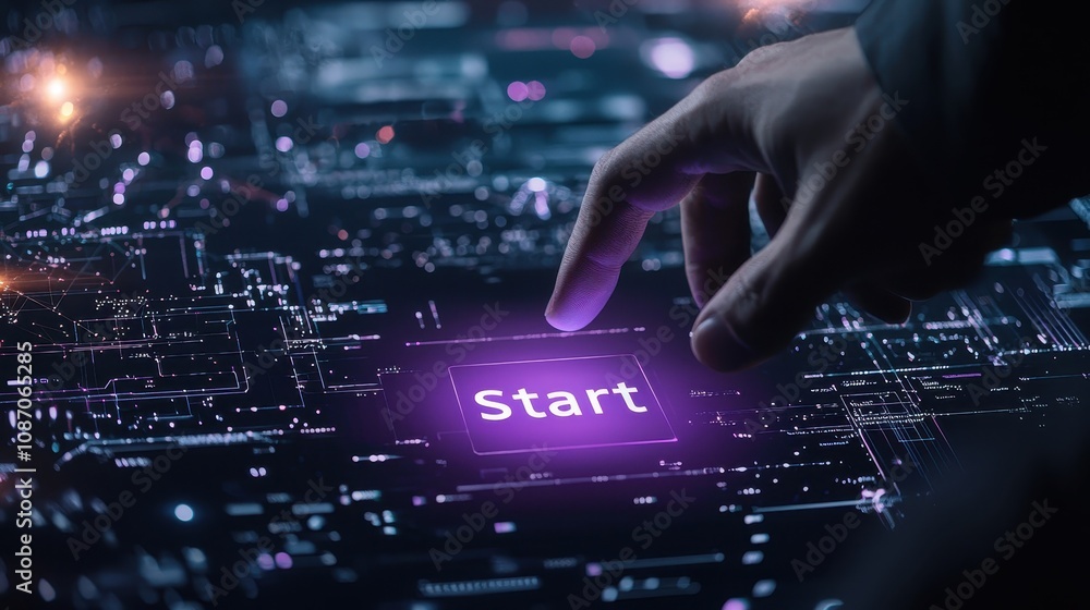 Poster futuristic user interface with hand approaching a digital start button on a circuit board background