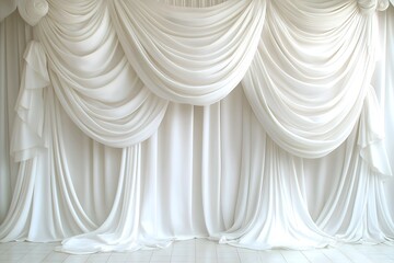 Luxurious white curtains elegantly draped, wedding photography maternity backdrop.