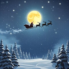 Silhouette Illustration of Santa Flying Over the Moon, Christmas, White Background, New Year, Ai Generative