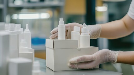 Packaging Products in White Bottles with Gloves