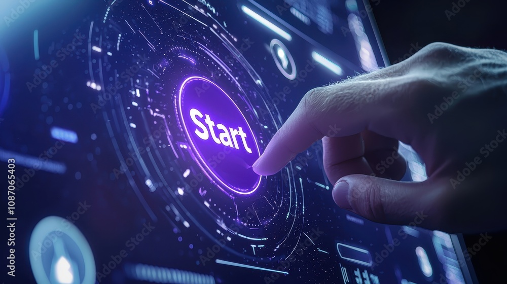Poster futuristic user interface with a hand pressing start button in a digital environment representing te