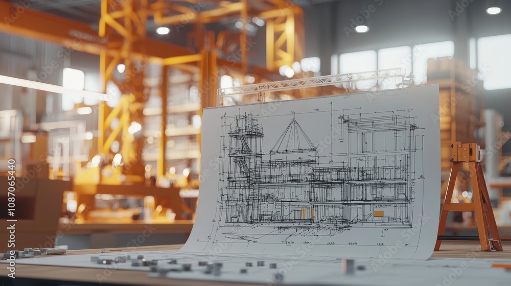 Poster a construction blueprint is prominently displayed in a workshop, with machinery and tools visible in